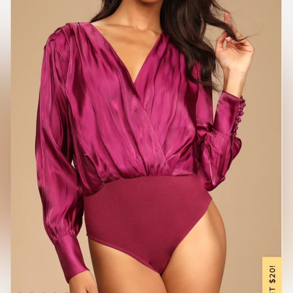 Lulu’s magenta satin long sleeve surpluses bodysuit